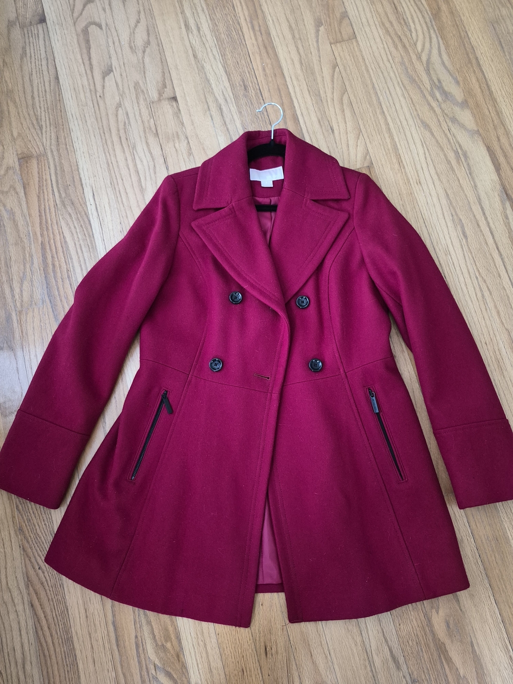 Michael Kors Double-Breasted Wool Peacoat in Berry Red